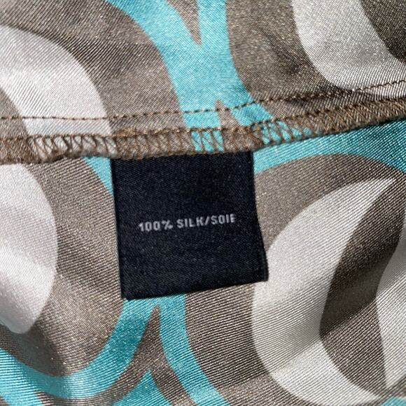 Lafayette 148 Brown Blue Geometric 100% Silk Collared Long Sleeve Blouse Size 14 - Picture 5 of 6